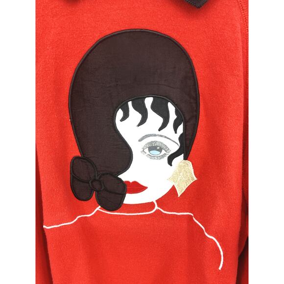 Hanes Vintage Red Embroidered Paris Lady Collared Sweatshirt Size L - Picture 1 of 6